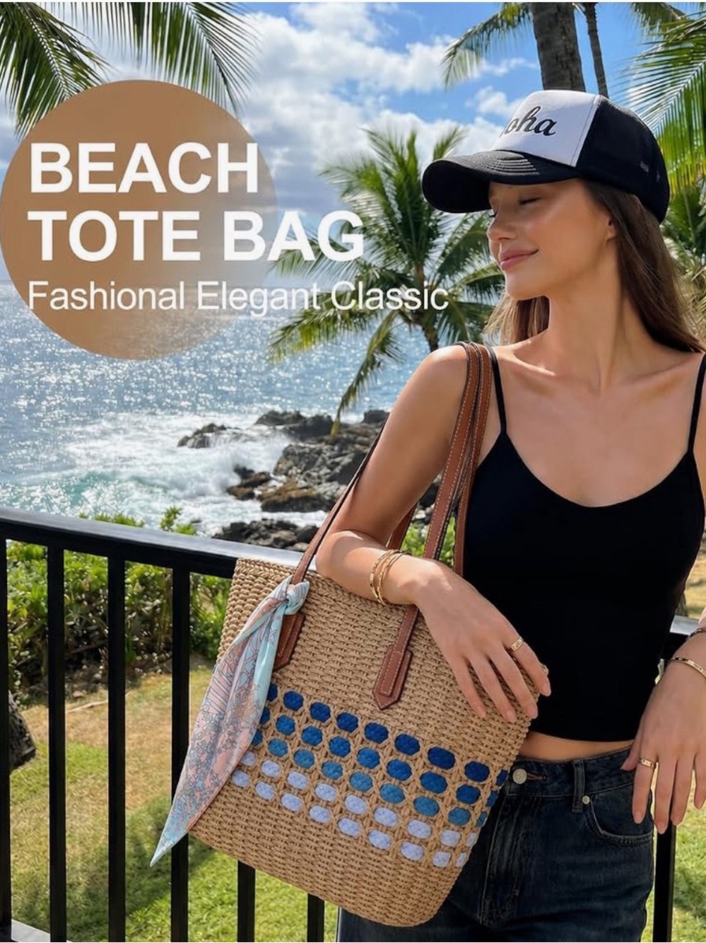 Woven Straw Tote Bag with Blue Accent Stripes Bohemian Beach Shoulder Handbag - Picture 4 of 5